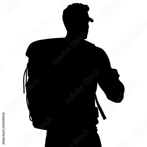 Silhouette of person with backpack on white background, natural travel gear
