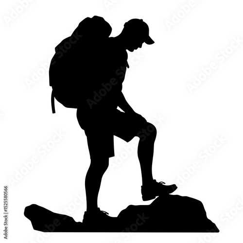 Silhouette of hiker adjusting knee pads on trail, outdoor eco gear adventure
