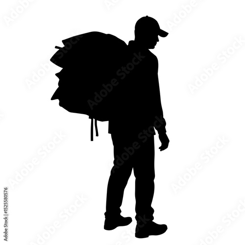 Silhouette of person carrying camping gear, eco-friendly outdoor packing