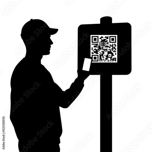 Silhouette of person scanning QR code on trail sign, black and white digital technology