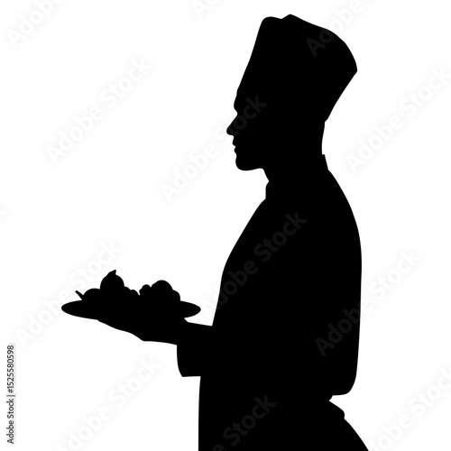 Chef silhouette with tray of vegan appetizers on white background, culinary arts simplicity