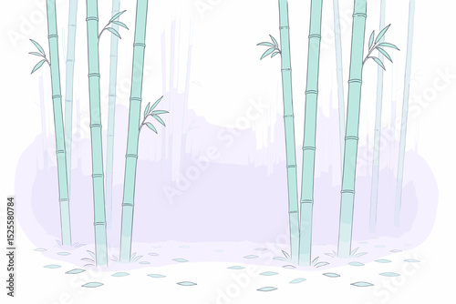 Bamboo forest enveloped in mist during early morning light creating a serene atmosphere