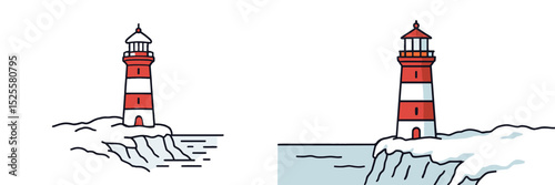 Coastal lighthouses stand guard over rocky shores with crashing waves and calm seas in a serene coastal landscape