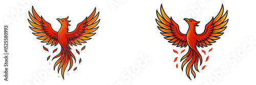 Vibrant phoenix illustrations with fiery wings and dynamic poses capturing the essence of rebirth and transformation