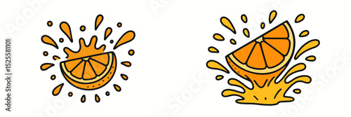 Fresh orange slice with juice splashes captured in a vibrant illustration for a colorful culinary design