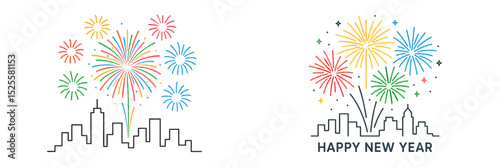 Colorful fireworks display over a city skyline celebrating New Year joyfully at midnight