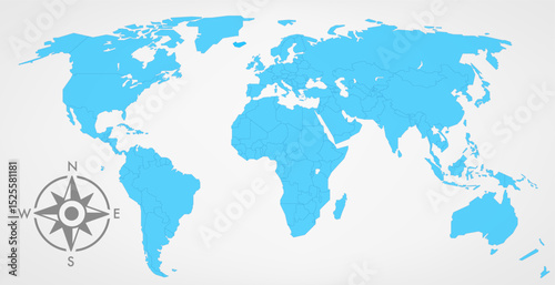 Blue world map with wind rose. 3d vector illustration