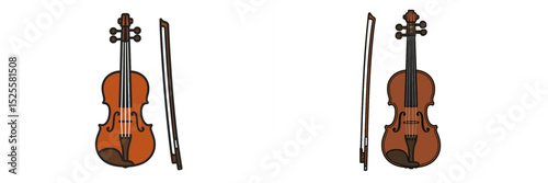 Graphic illustration of a violin with bow displayed from two angles, showcasing its elegant design and craftsmanship