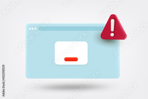 Browser window with red exclamation sign. 3d vector illustration