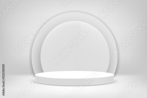 Bright white interior scene with round pedestal