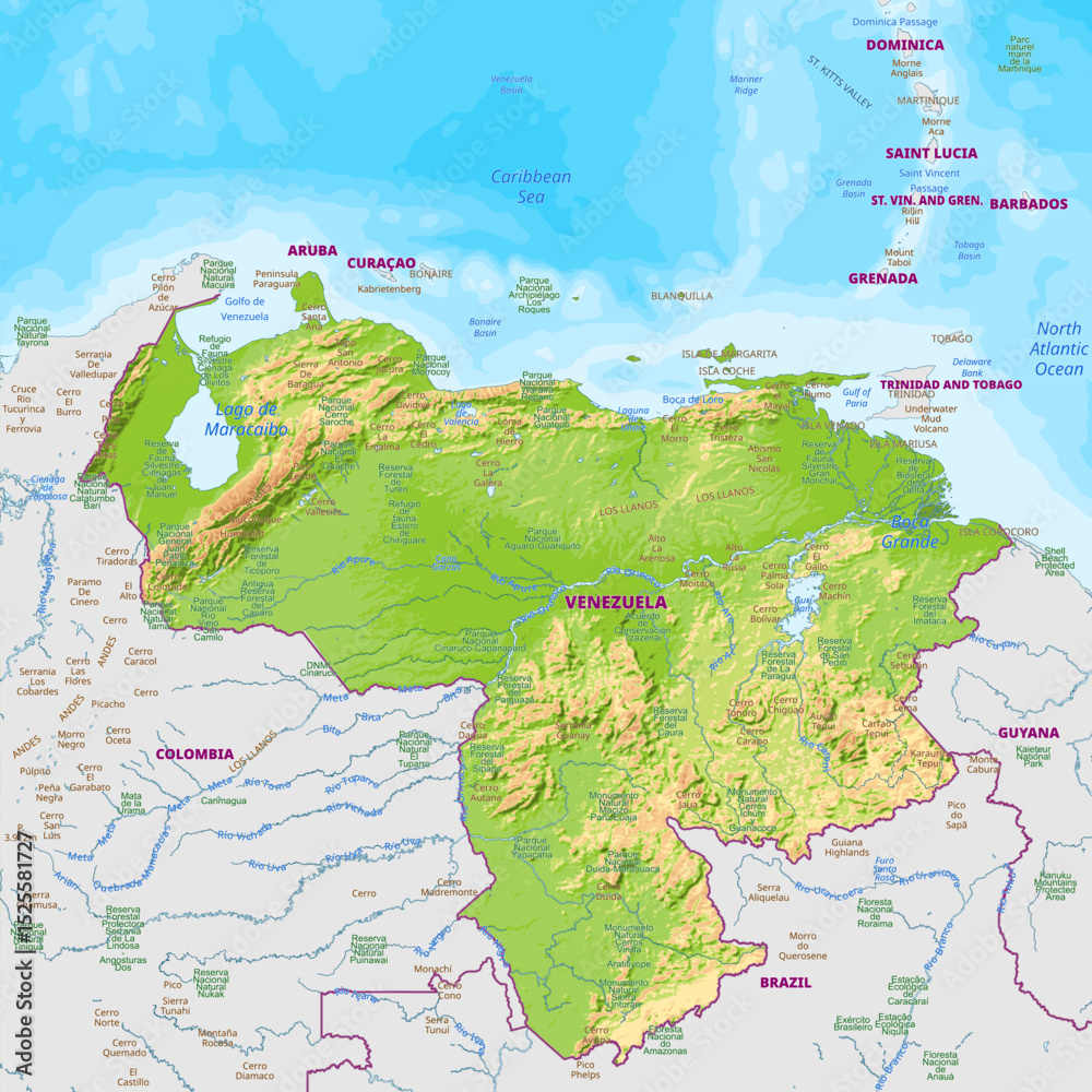 Fototapeta premium Detailed physical map of Venezuela