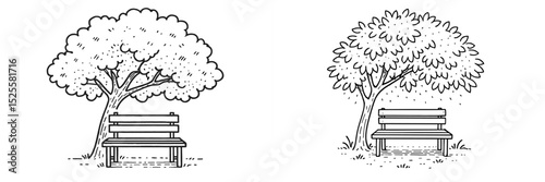 Illustrative black and white drawing of two trees and benches in a serene park setting during daytime
