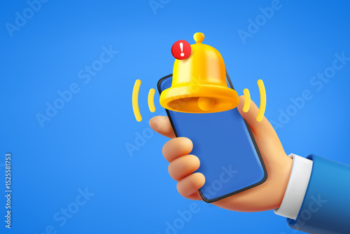 Man holding smartphone with ringing bell. 3d vector banner with copy space