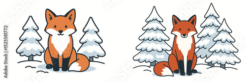 Two cartoon foxes in a snowy forest landscape with pine trees during winter