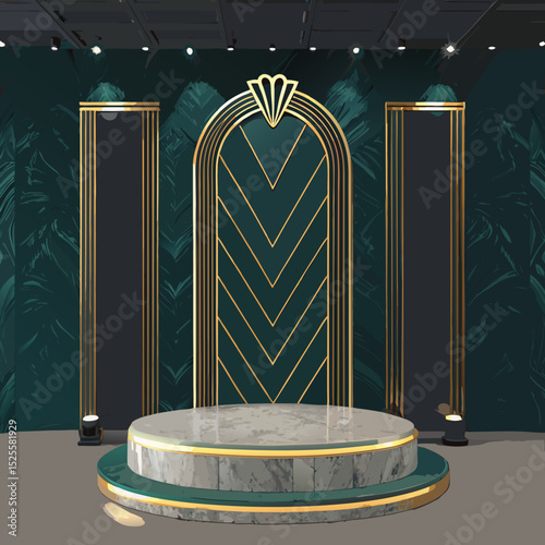 "Design a luxurious 3D podium scene in modern Art Deco style. The central element is a tall, symmetrical Art Deco arch with sleek geometric lines and gold metallic trim. The backdrop should be deep em