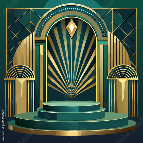 "Design a luxurious 3D podium scene in modern Art Deco style. The central element is a tall, symmetrical Art Deco arch with sleek geometric lines and gold metallic trim. The backdrop should be deep em