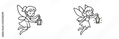Two whimsical fairies holding lanterns float gracefully in a magical forest setting during twilight hours