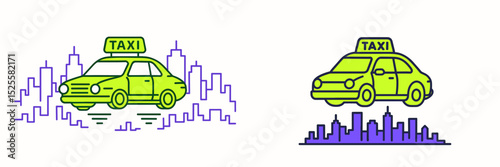 Taxi vehicles with city skyline backgrounds representing urban transportation
