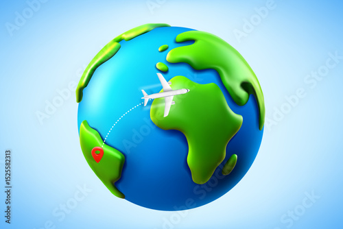 Air travel concept with aircraft and globe with map pin. 3d vector illustration