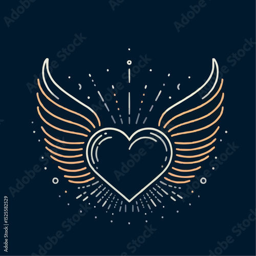 Stylish illustration of a heart with angel wings surrounded by rays and decorative elements
