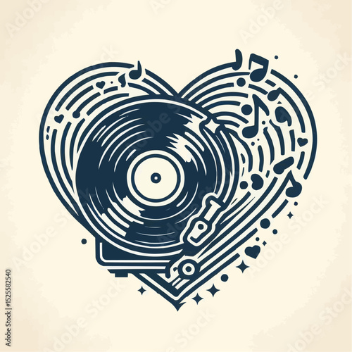 musical heart design, vinyl record illustration, artistic expression, love for music
