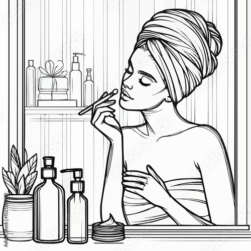 Illustration of a woman applying skincare products in a bathroom setting, promoting self-care and beauty routines