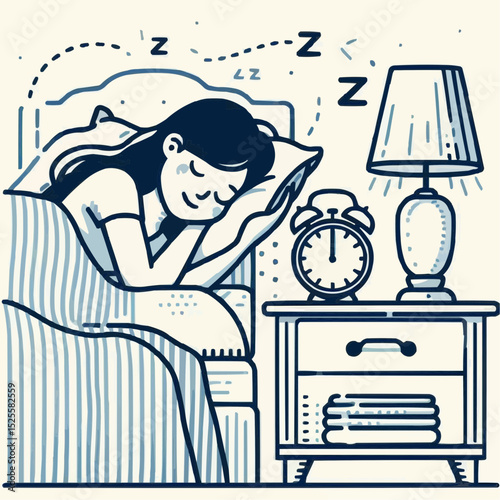 Illustration of a young woman peacefully sleeping in bed, promoting the importance of rest and healthy sleep habits
