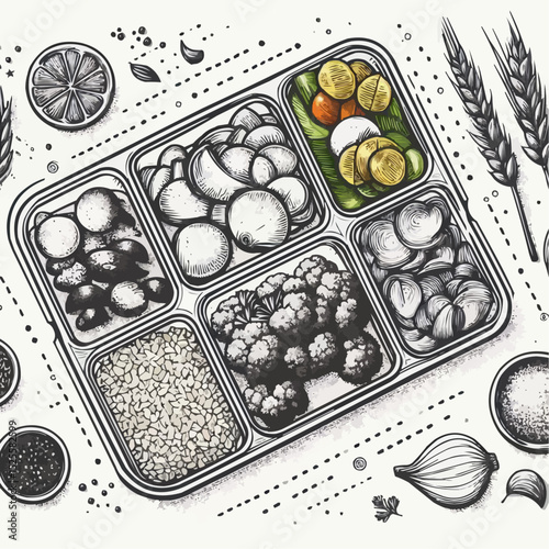 healthy food tray illustration, vibrant vegetables, nutritious meal prep, artistic design
