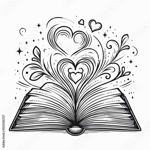 Whimsical illustration of an open book with hearts and decorative elements emerging from its pages
