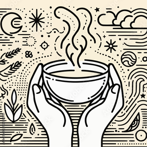 Hands holding a steaming bowl with aromatic herbs against a whimsical nature background in line art
