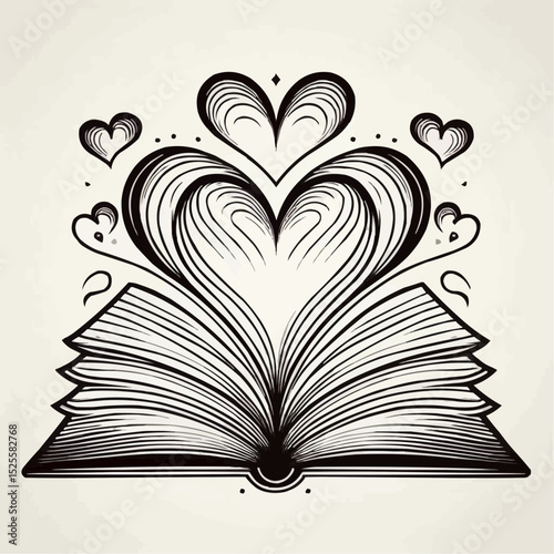 Open book with heart-shaped illustrations emerging from its pages - Valentine's Day concept