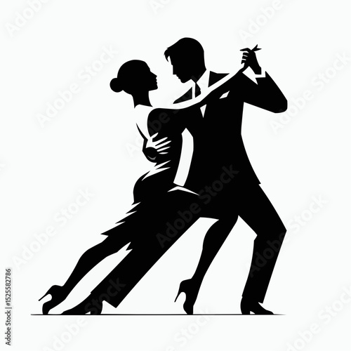 Intimate silhouette of a couple dancing tango in formal attire on a light background