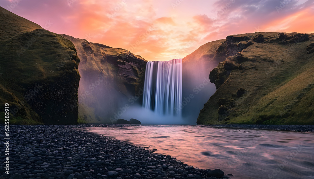 Fototapeta premium Waterfall captured during sunrise with breathtaking scenery and scenic sky