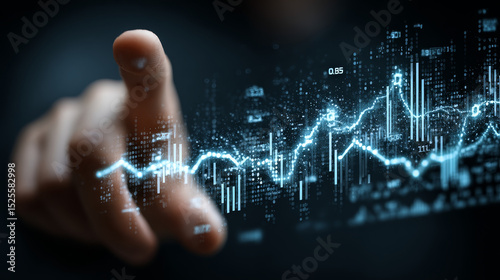 Data Science: Businessman touching and analyzing big data, machine learning, predictive analytics, data visualization, artificial intelligence, statistical modeling, and decision-making.