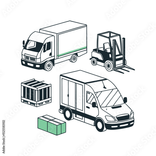 Logistics and Transportation Delivery Trucks, Forklifts, and Cargo
