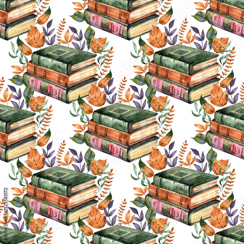 Watercolor Autumn Cottagecore Old Books Seamless Pattern, Vintage Reading Routine Texture