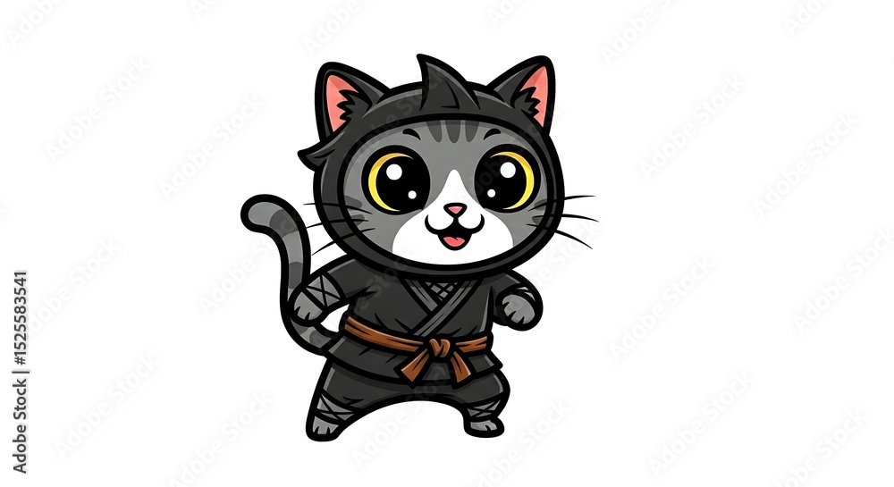Obraz premium Cute cartoon ninja cat character with playful poses, isolated on white background.