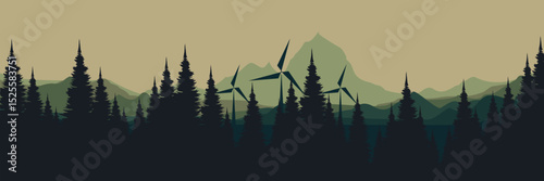 Visualize wind turbines amidst forested landscape with layered mountains in background, highlighting sustainable energy integration in nature for eco-conscious projects
