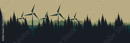 Environmental landscape with silhouetted pine forest and wind turbines, merging nature with technology to showcase sustainable energy solutions in a serene scene