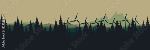Dense pine forest silhouette with wind turbines and mountains, highlighting the blend of nature and renewable energy for modern environmental projects and sustainability themes