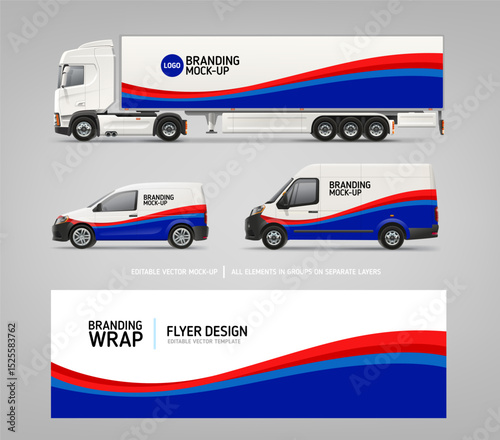 Realistic vector Van, truck trailer mockup with red and  blue stripes design for branding and corporate identity. Abstract graphics of red and blue stripes for business background