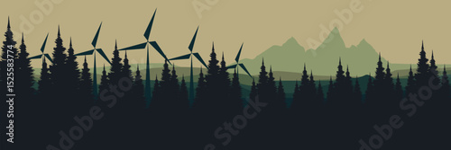 Stylized forest landscape with wind turbines and mountainous backdrop, combining natural elements with renewable energy to promote environmental awareness and sustainable practices