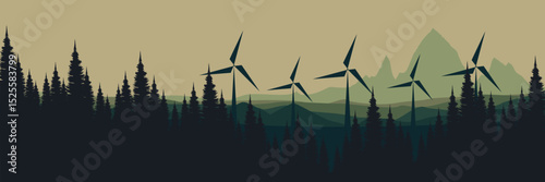 Silhouetted forest with wind turbines against layered mountains, showcasing renewable energy in a serene landscape, perfect for environmental and ecological projects and nature themes