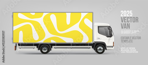 Delivery Van, Truck mockup with yellow branding design. Abstract branding graphics of yellow stripes decal design for transport. Box truck. Editable vector template