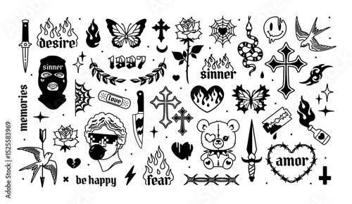 Underground Gothic Tattoo Art and Y2k  Fashion elements set in 2000s style. Y2k temporary Gothic tattoo designs - vector collection. Gothic Cross, butterfly, love, etc. Opium style fashion elements