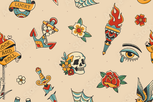 Old school tattoo background for clothing print design. Traditional tattoo vector seamless pattern of old school rock elements and symbols. Tattoo background