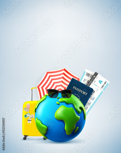 Summer travel concept with the Earth and travel elements. 3d banner with copy space