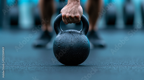 Hand holding kettlebell in gym setting during workout session  