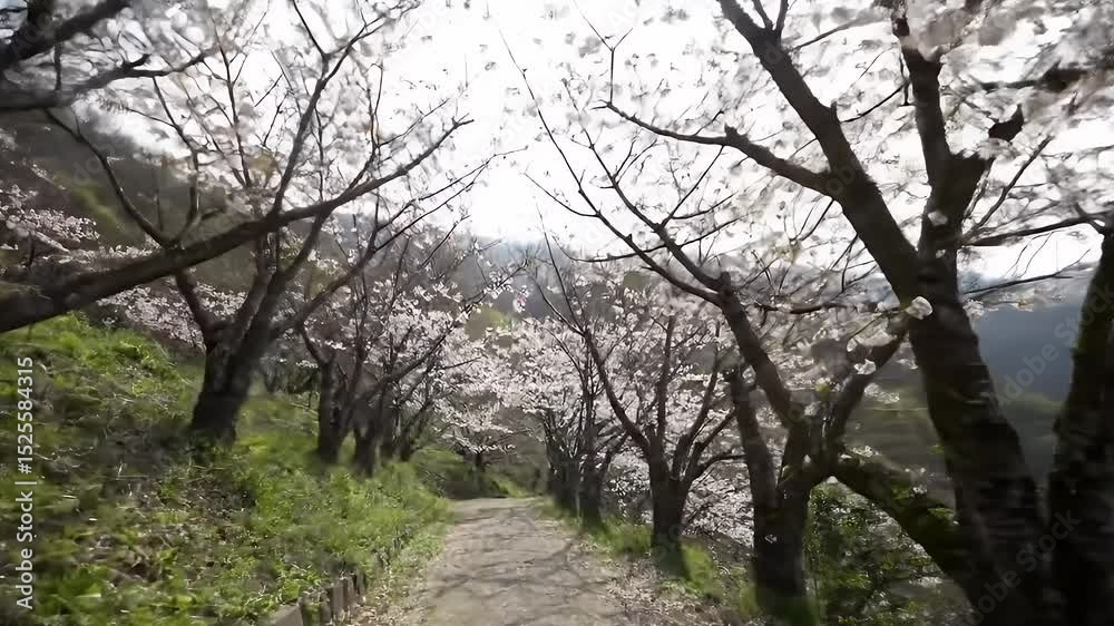 Cherry Blossom Lined Path in Springtime with Green Grass and Mountain Scenery Cherry Blossom Lined Path in Springtime with Green Grass and Mountain Scenery