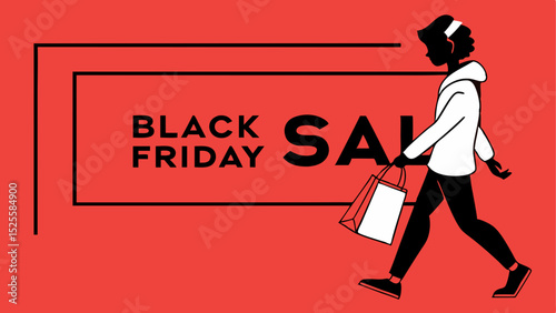 Vector illustration of a shopper with bags promoting Black Friday sale for retail advertising and marketing